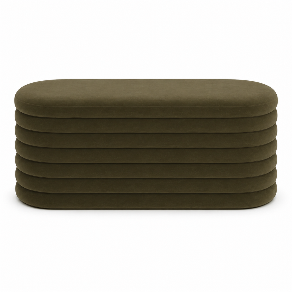 Olive Luxe Ribbed Storage Ottoman Bench
