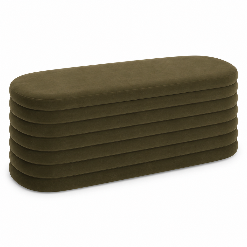 Olive Luxe Ribbed Storage Ottoman Bench