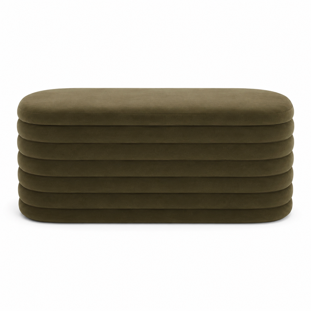 Olive Luxe Ribbed Storage Ottoman Bench