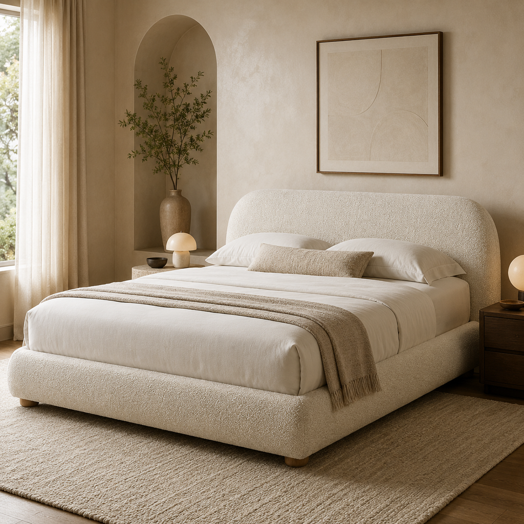 Lunara Ivory Bouclé Curved King Bed
