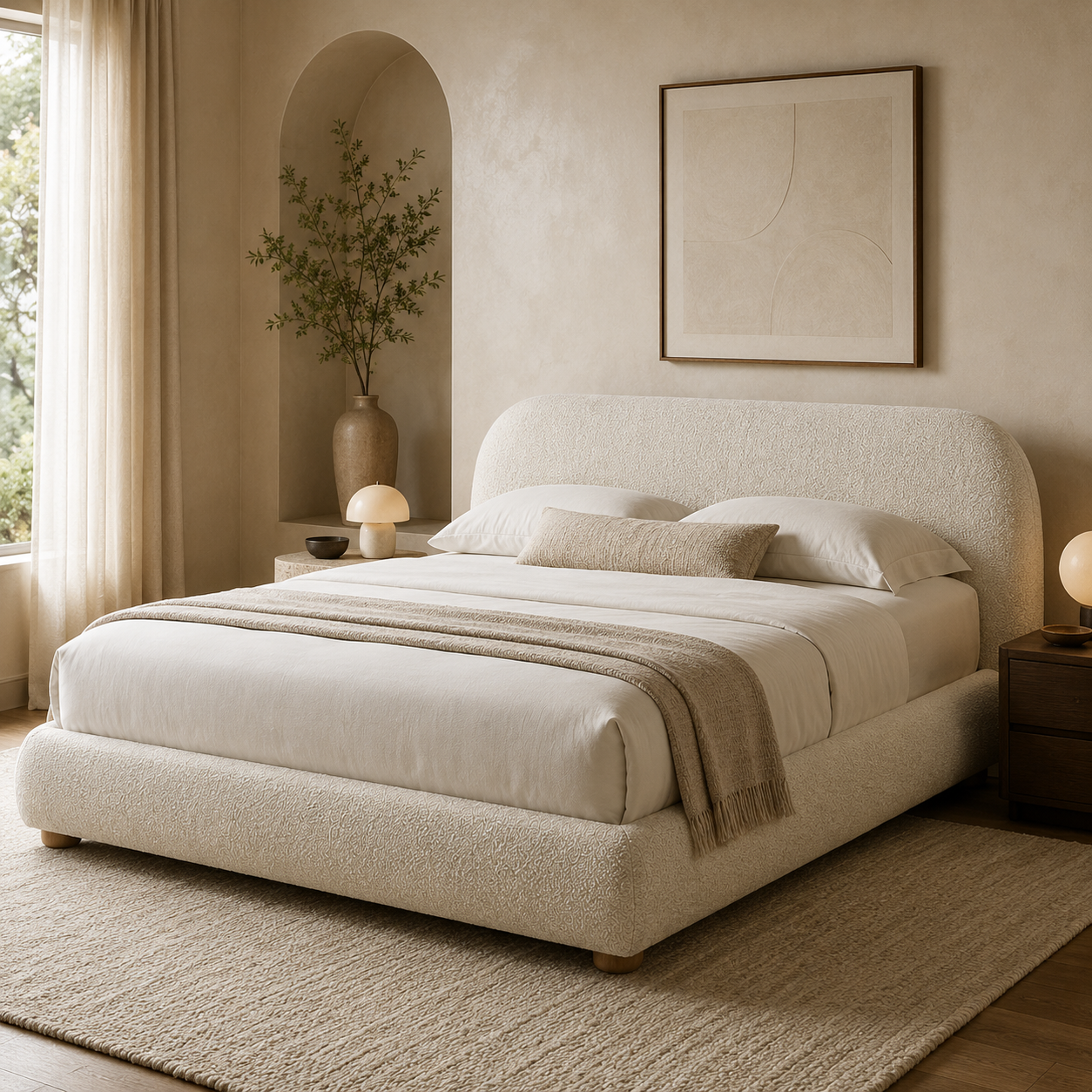 Lunara Ivory Bouclé Curved King Bed